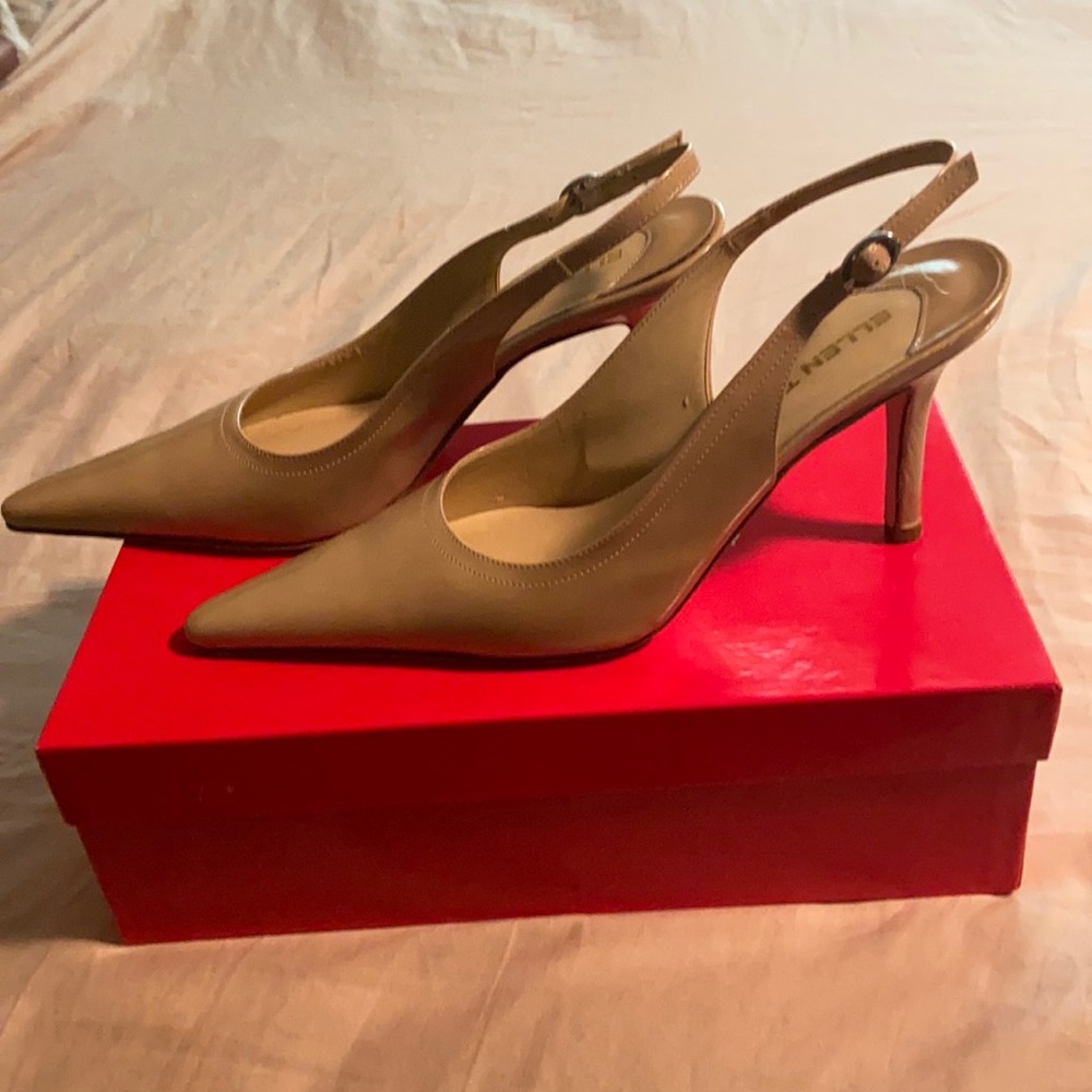 Beige Patent Leather Sling-Back Pumps
